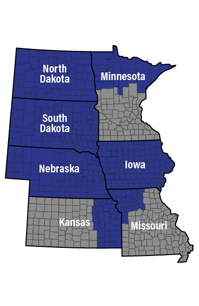 MIAA - Map of NE, IA, SD, ND, MN, KS and MO